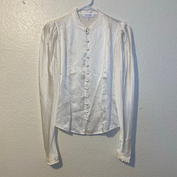 FRAME Ivory 100% Silk Victorian Milkmaid Puff Sleeve Button Blouse Size XS - Picture 1 of 8